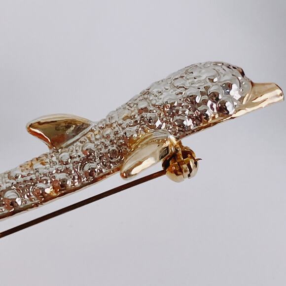 VTG 80s 90s Dolphin Brooch Two Tone Silver Gold Costume Marine Figural Jewelry - Picture 8 of 11